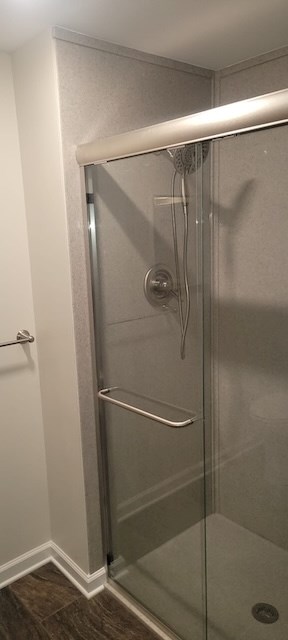 Glass shower enclosure with silver hardware in bathroom.