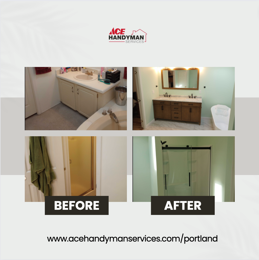 Before and after photos of a bathroom refresh in Portland by Hanyman Greg