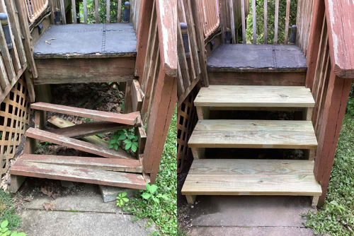 Broken wooden steps repaired with new sturdy steps.