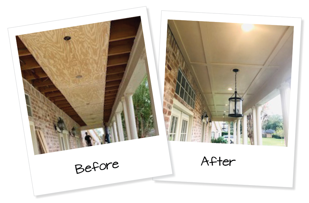 Before and after of a porch ceiling renovation project.
