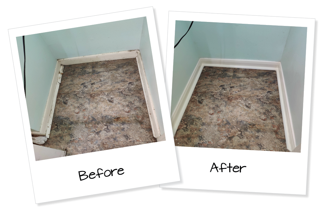 Before and after of corner floor repair project.