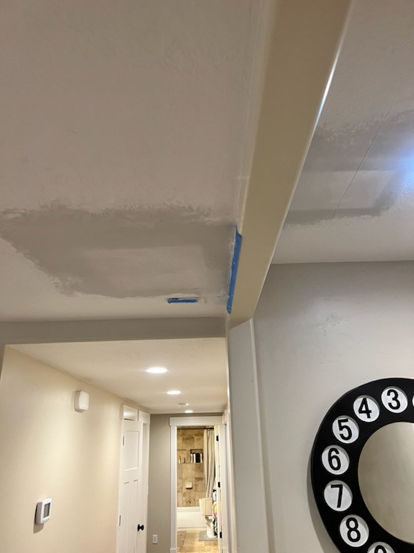 Ceiling prepared for repair with visible plaster patches.