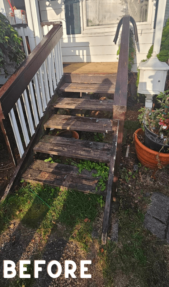 Old wooden stairs in need of repair, before renovation.